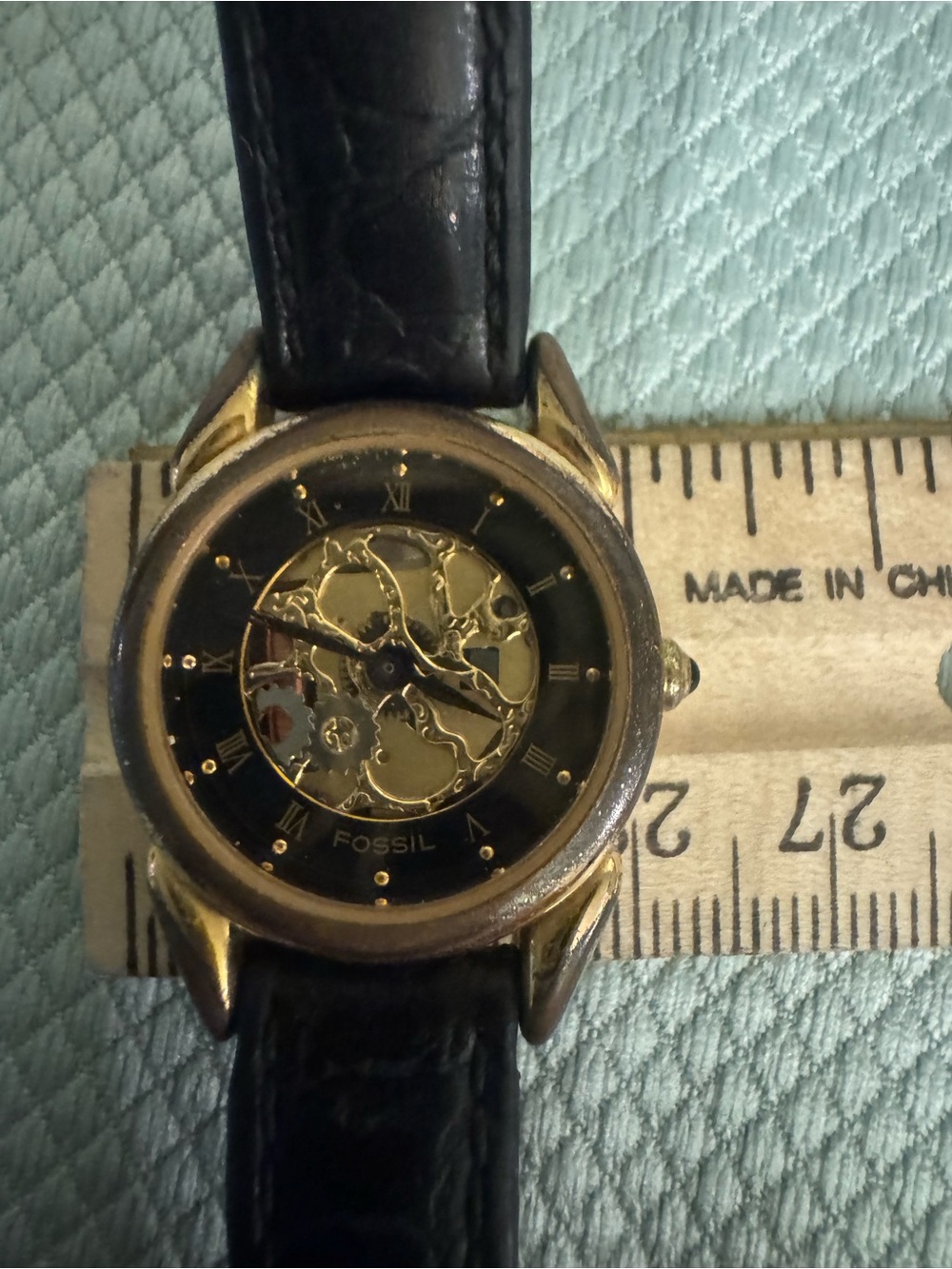 Fossil Black Dial Gold-Tone Skeleton Leather Strap Watch